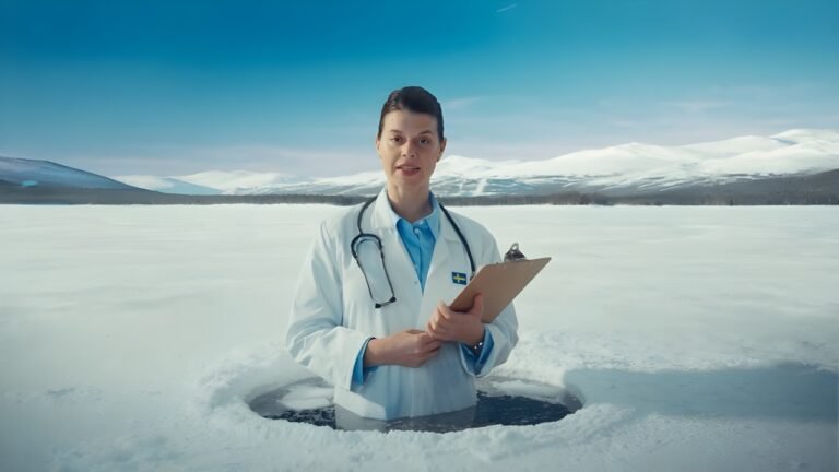 A doctor wearing a white coat and holding a clipboard stands in icy water surrounded by snow-covered mountains. Image for a B2 ESL lesson from betterclass titled “The Swedish Prescription,” exploring health habits, cold exposure therapy, and Scandinavian lifestyle trends.