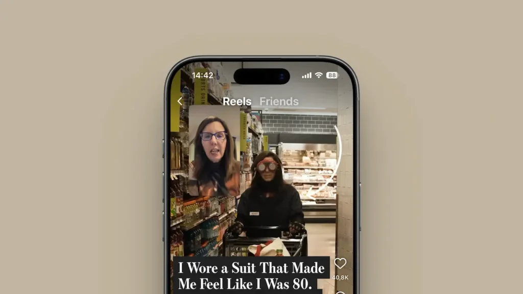 A smartphone screen shows a video of a woman wearing an aging simulation suit in a grocery store with the caption “I Wore a Suit That Made Me Feel Like I Was 80.” This video is part of the What Does Aging Really Feel Like? B2 ESL lesson from betterclass, helping students discuss empathy, physical challenges, and the realities of getting older through authentic video-based learning.