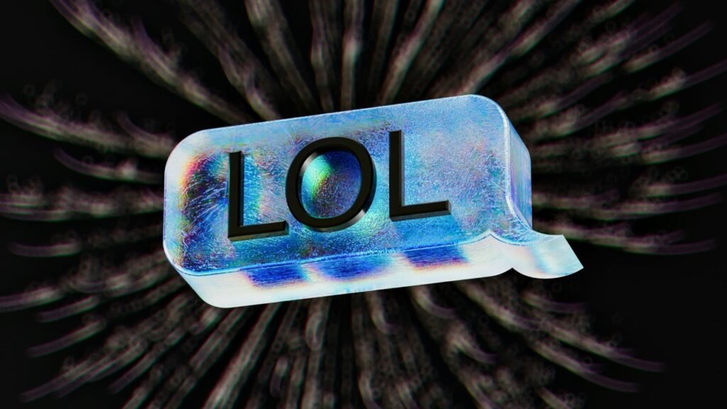 A shiny 3D speech bubble with the word “LOL” in bold black letters against a dark, glowing background.