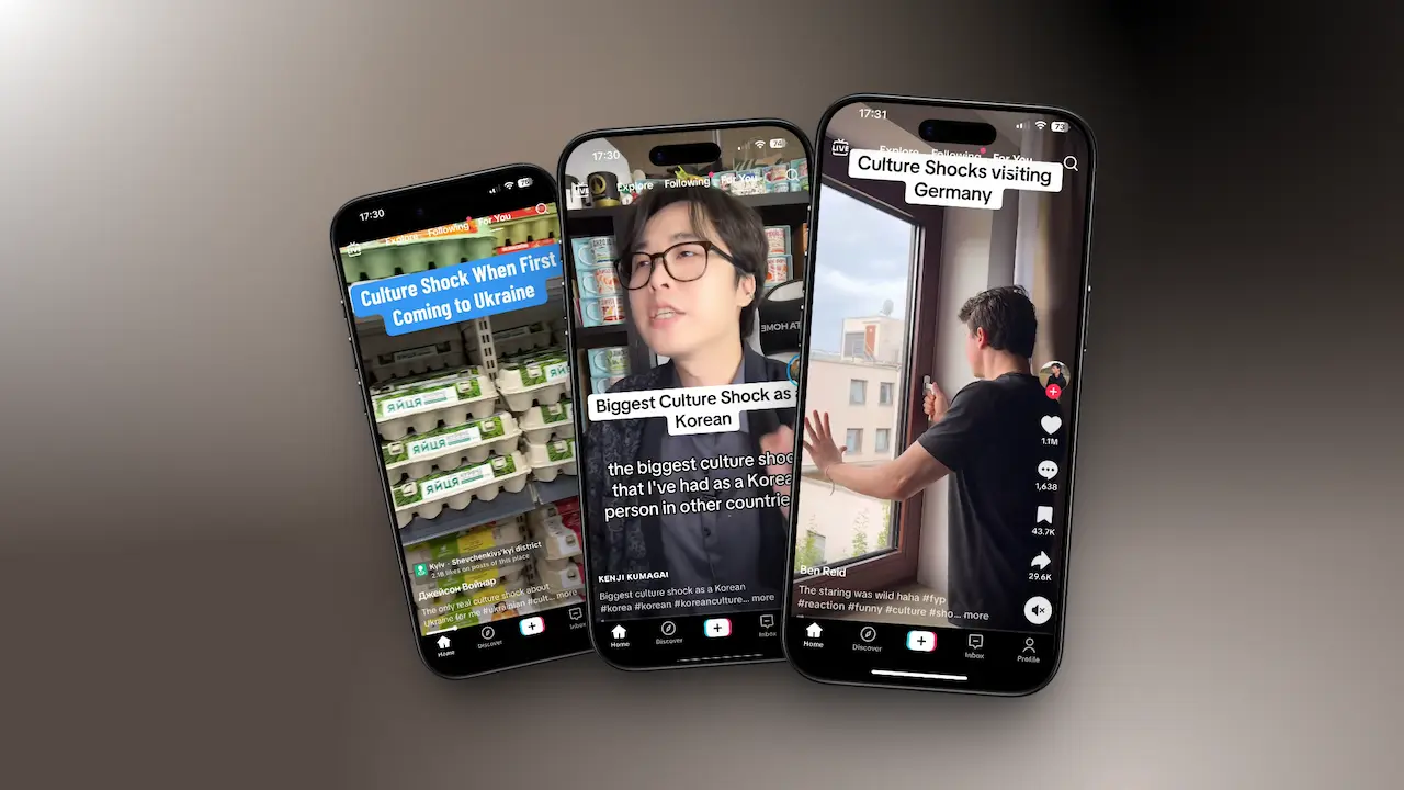 Three TikTok videos showing culture shock stories from Ukraine, Korea, and Germany used in the lesson.