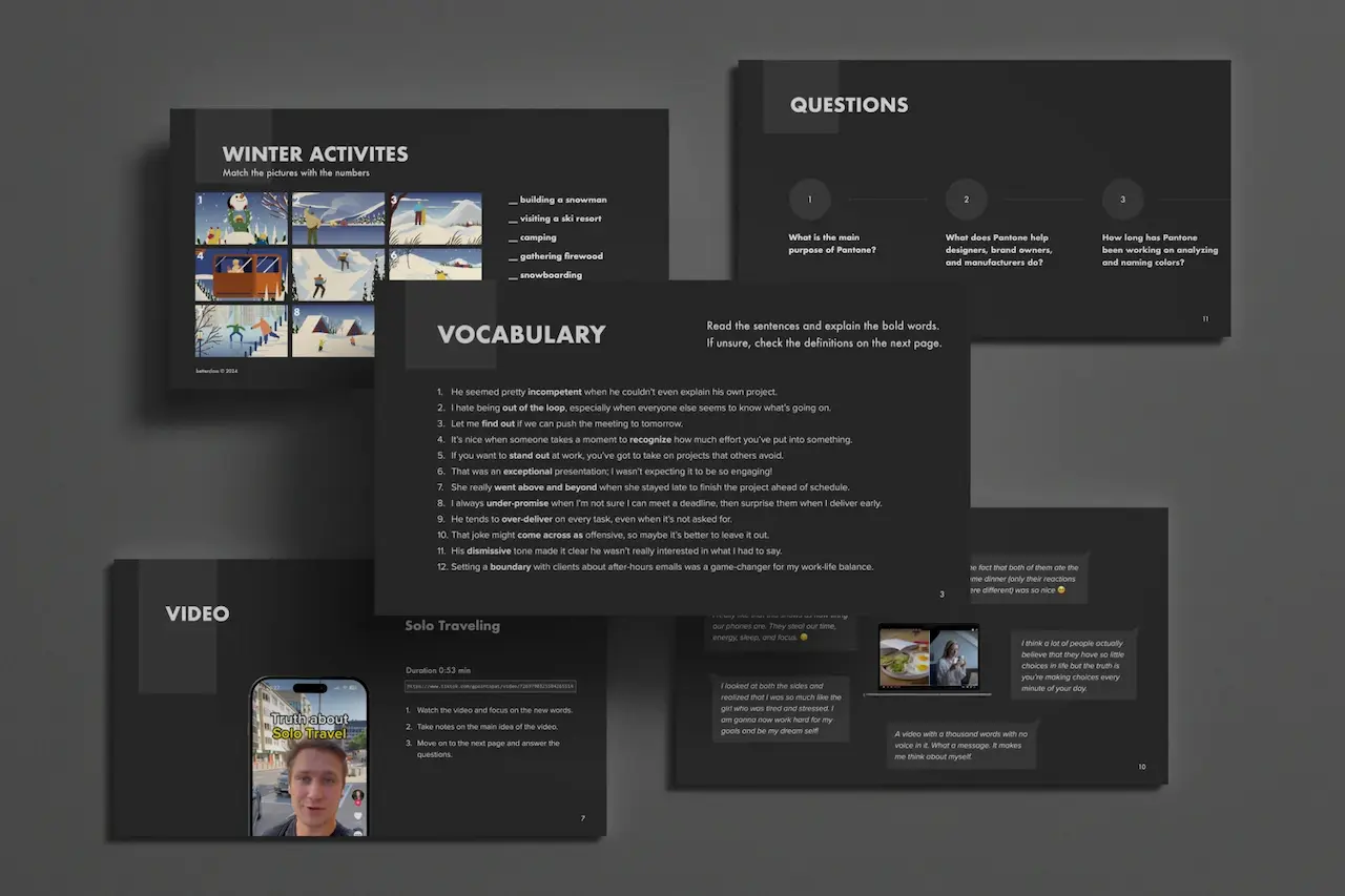 Dark Mode ESL Lesson Layout – betterclass Template Preview