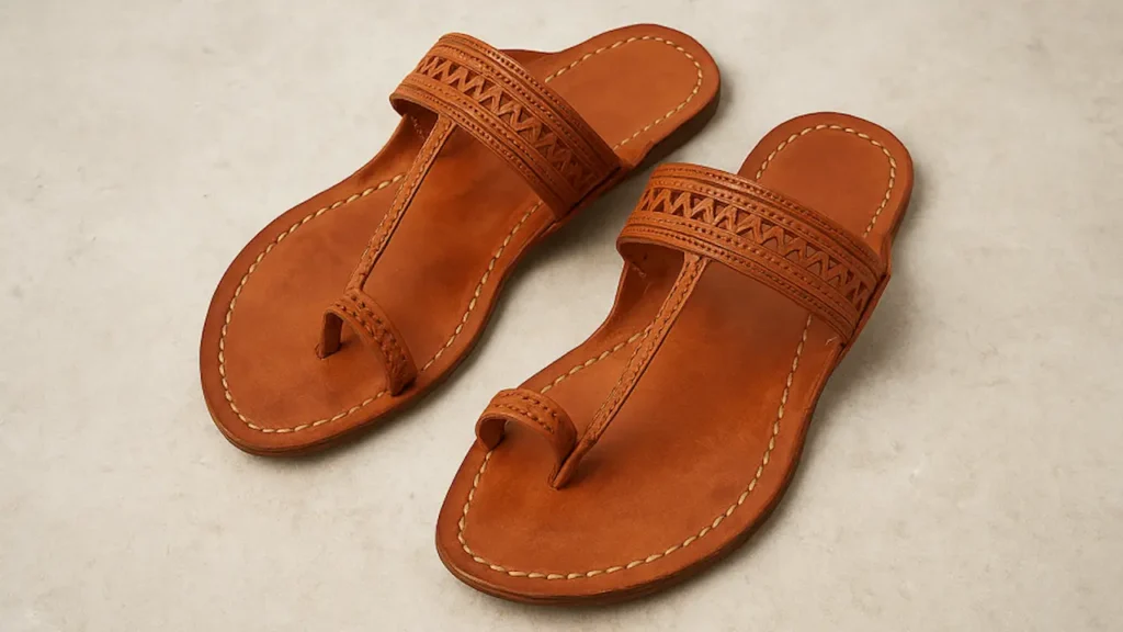 Traditional Kolhapuri chappals handcrafted by Indian artisans using methods passed down for centuries. Note the distinctive braided T-strap design and intricate geometric patterns on the upper strap.