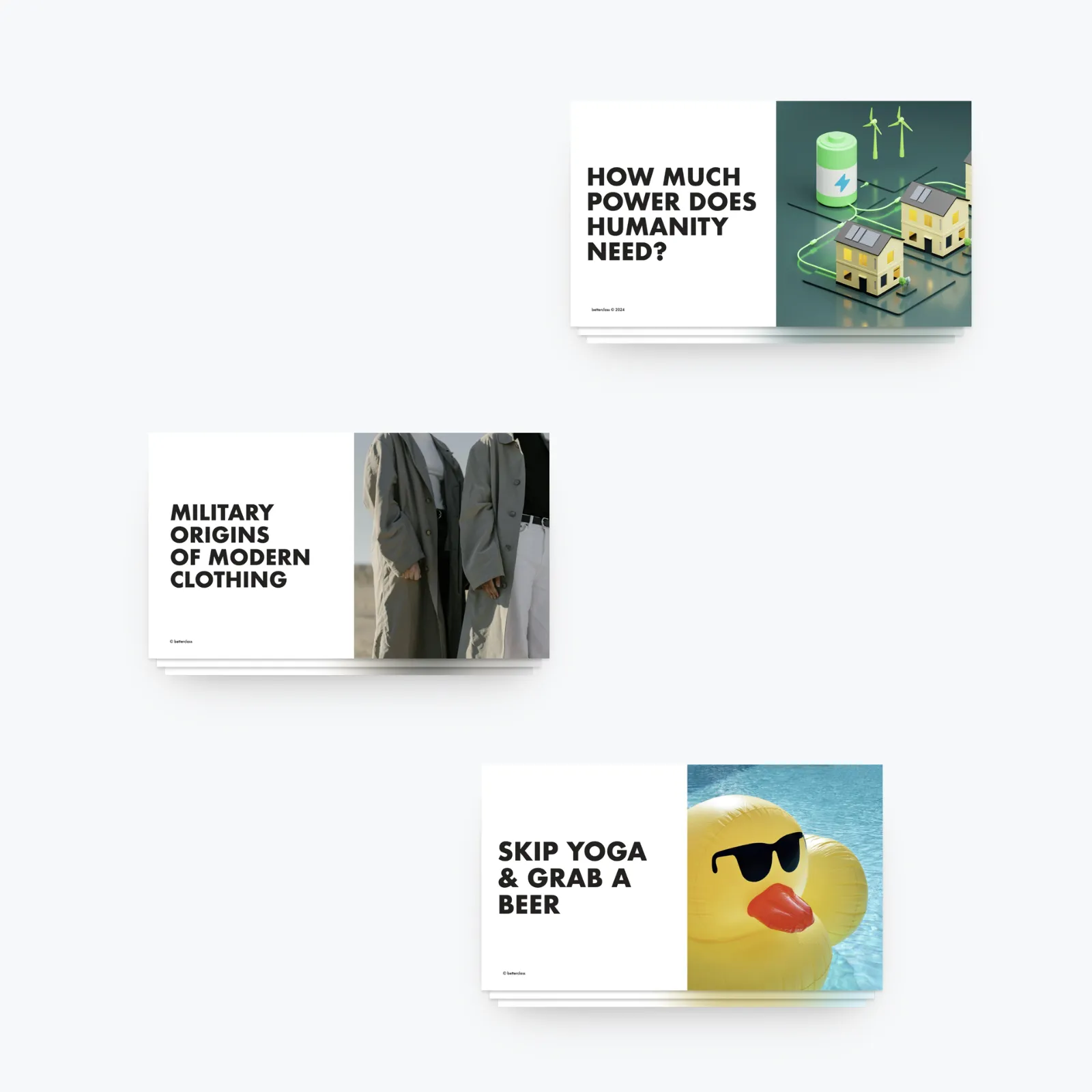 Three free C1 ESL lesson cards displayed: "How Much Power Does Humanity Need?" with an illustration of renewable energy, "Military Origins of Modern Clothing" showing neutral-toned jackets, and "Skip Yoga & Grab a Beer" with a yellow duck pool float.