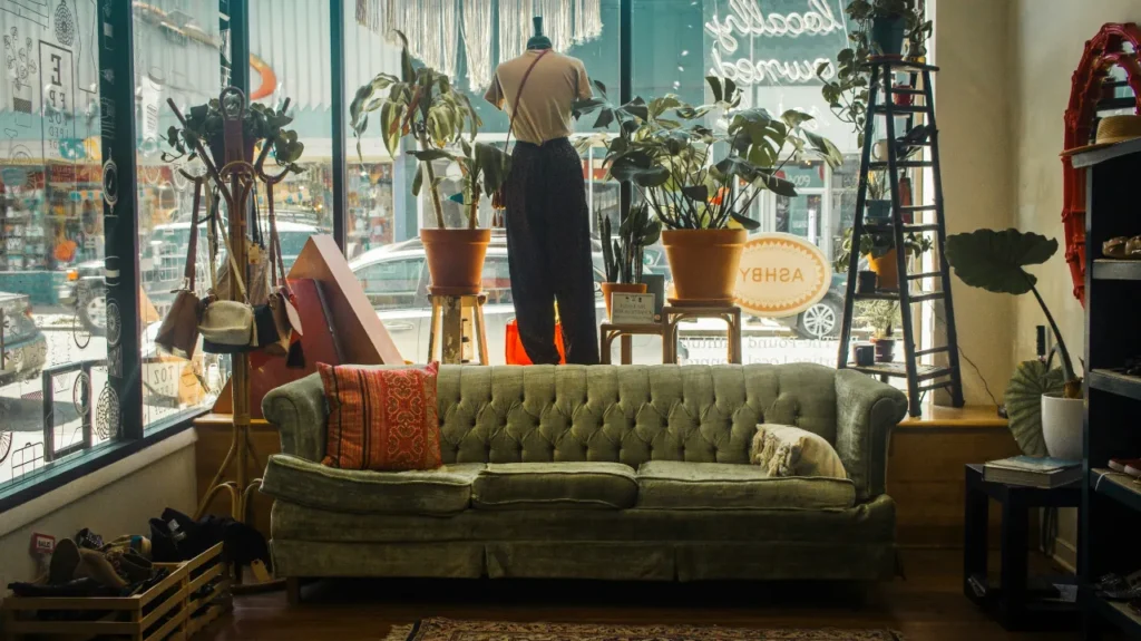 Second hand shopping mall interior showing vintage furniture and sustainable living for B1 ESL lesson plan about recycling