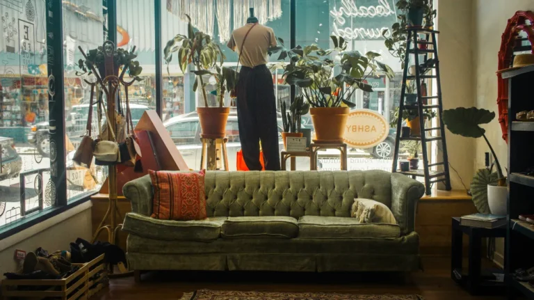 Second hand shopping mall interior showing vintage furniture and sustainable living for B1 ESL lesson plan about recycling