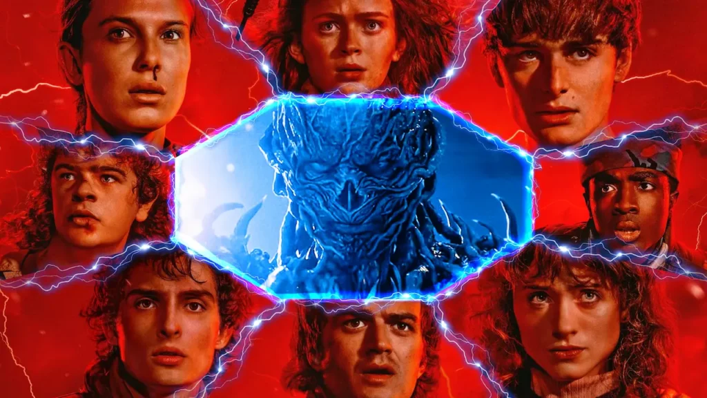 Stranger Things Season 5 finale poster with characters around glowing Upside Down portal