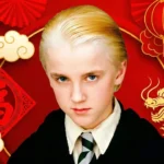 Draco Malfoy from Harry Potter surrounded by red Chinese New Year decorations including lanterns, clouds, a phoenix, and the fu character symbolizing good fortune