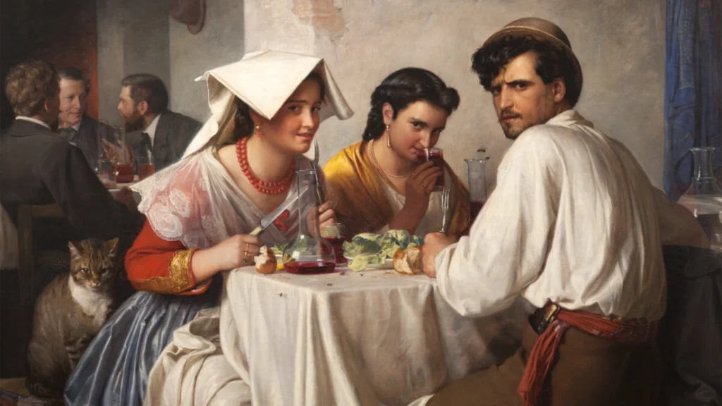 Carl Bloch's painting showing three people at tavern table with woman in yellow dress looking at viewer while drinking from glass