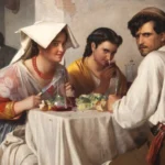 Carl Bloch's painting showing three people at tavern table with woman in yellow dress looking at viewer while drinking from glass