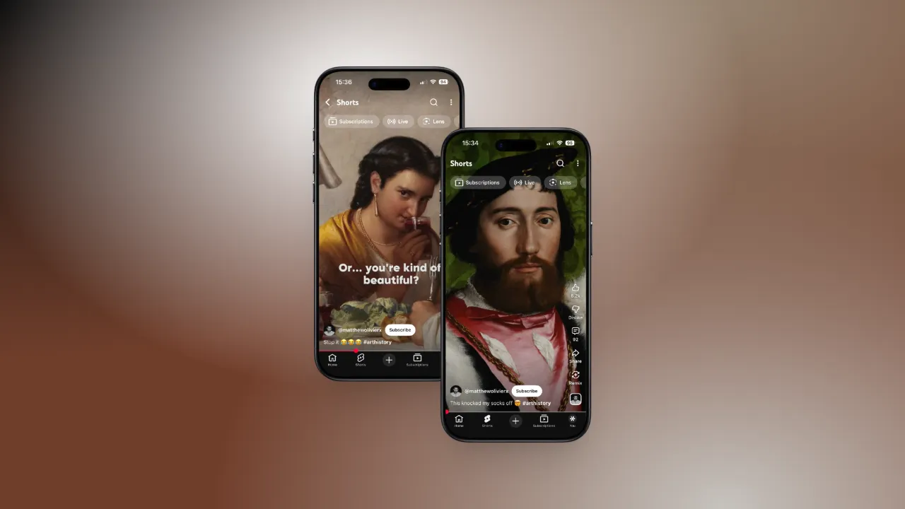 Two smartphones display YouTube Shorts videos analyzing classical paintings with close-up details of figures looking directly at viewer