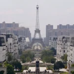 Aerial view of Tianducheng, China's copycat Paris, with a replica Eiffel Tower and French-style buildings. B1 lesson plan.
