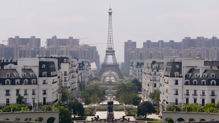 Aerial view of Tianducheng, China's copycat Paris, with a replica Eiffel Tower and French-style buildings. B1 lesson plan.