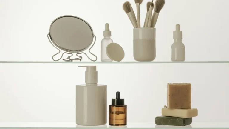 Skincare products on glass shelves: serum bottles, a mirror, makeup brushes, a pump cleanser, and soap bars. A2 lesson skincare.