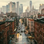 New York City street scene with brick buildings and skyline, used in a B2 lesson plan about city culture and local life.
