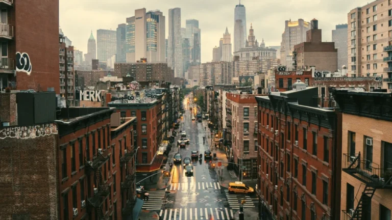 New York City street scene with brick buildings and skyline, used in a B2 lesson plan about city culture and local life.