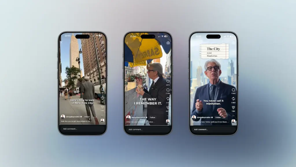 Only in New York Three Instagram reels on phones showing New York tips in a B2 lesson plan on walking, eating, and talking like a local.