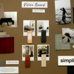 A vision board with photos, fabric samples, and words like "simplify" and "creative flow" — used in a B1 lesson plan about goals.