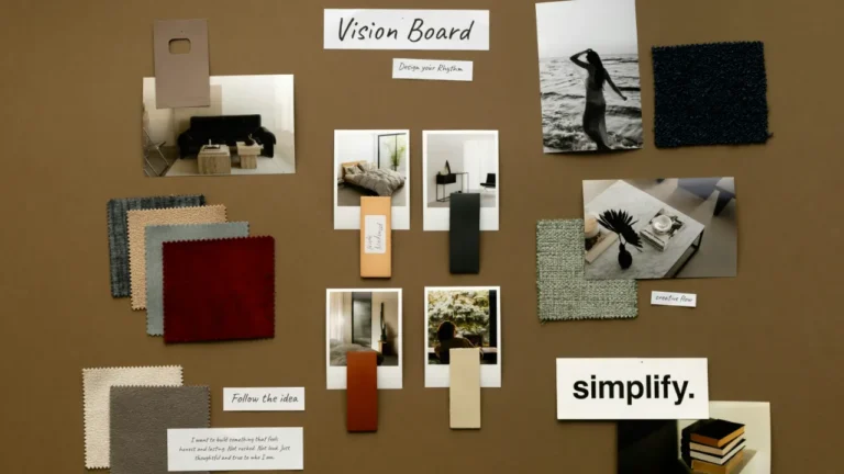 A vision board with photos, fabric samples, and words like "simplify" and "creative flow" — used in a B1 lesson plan about goals.