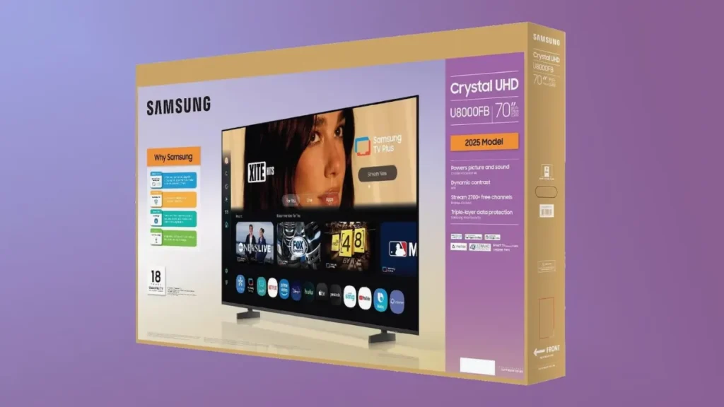 Samsung Crystal UHD 70-inch TV box featuring a woman's face on the screen display, at the centre of Dua Lipa's lawsuit.