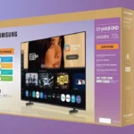 Samsung Crystal UHD 70-inch TV box featuring a woman's face on the screen display, at the centre of Dua Lipa's lawsuit.