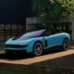 6:54 PM Ferrari Luce, the brand's first fully electric car, parked outside a modern building. Light blue exterior, 2026.