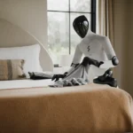 A white humanoid robot folds a blanket on a bed; from a B1 English lesson plan on robot housekeepers at home.