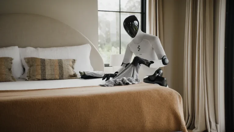 A white humanoid robot folds a blanket on a bed; from a B1 English lesson plan on robot housekeepers at home.