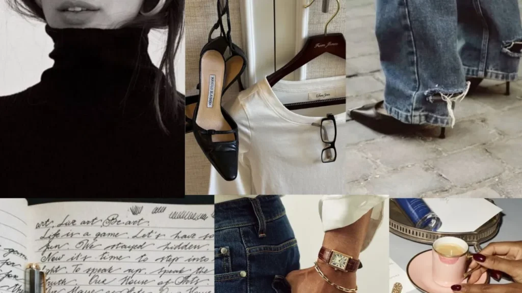 Minimalist wardrobe essentials with black heels, white shirt, jeans, simple accessories representing frugal chic lifestyle choices.