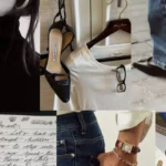Minimalist wardrobe essentials with black heels, white shirt, jeans, simple accessories representing frugal chic lifestyle choices.